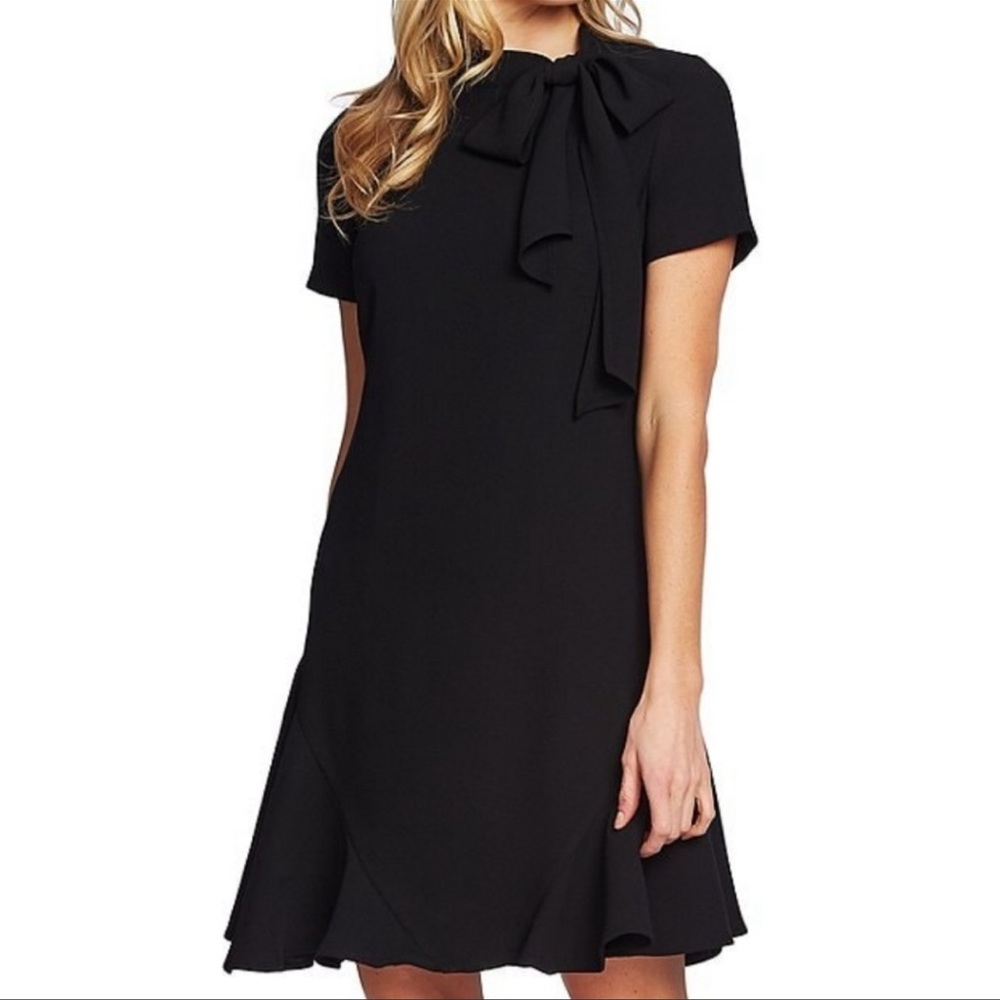 CeCe Short Sleeve Mock Tie Neck Flounce Hem A-line Dress Black 2 NWT